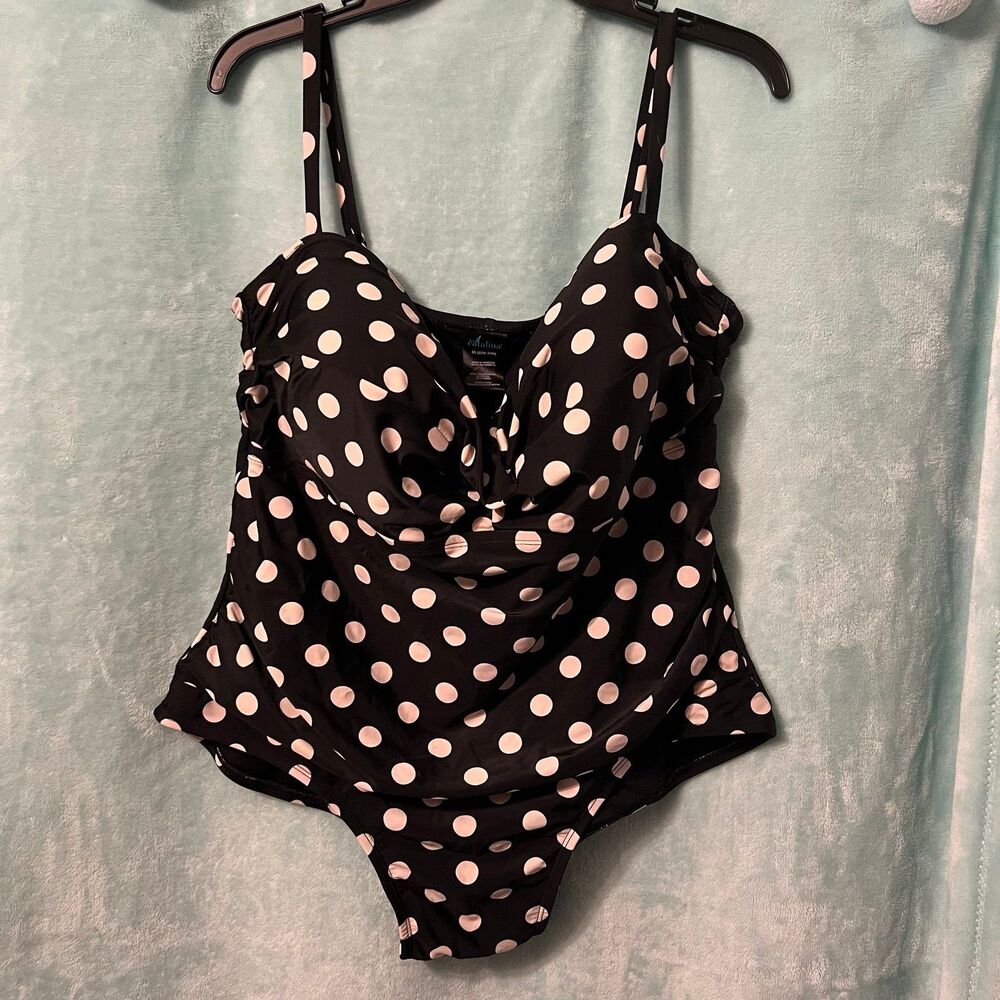 Plus Polka Dot Pinup Twist Swimsuit 3x One Piece Black White Ruched Catalina